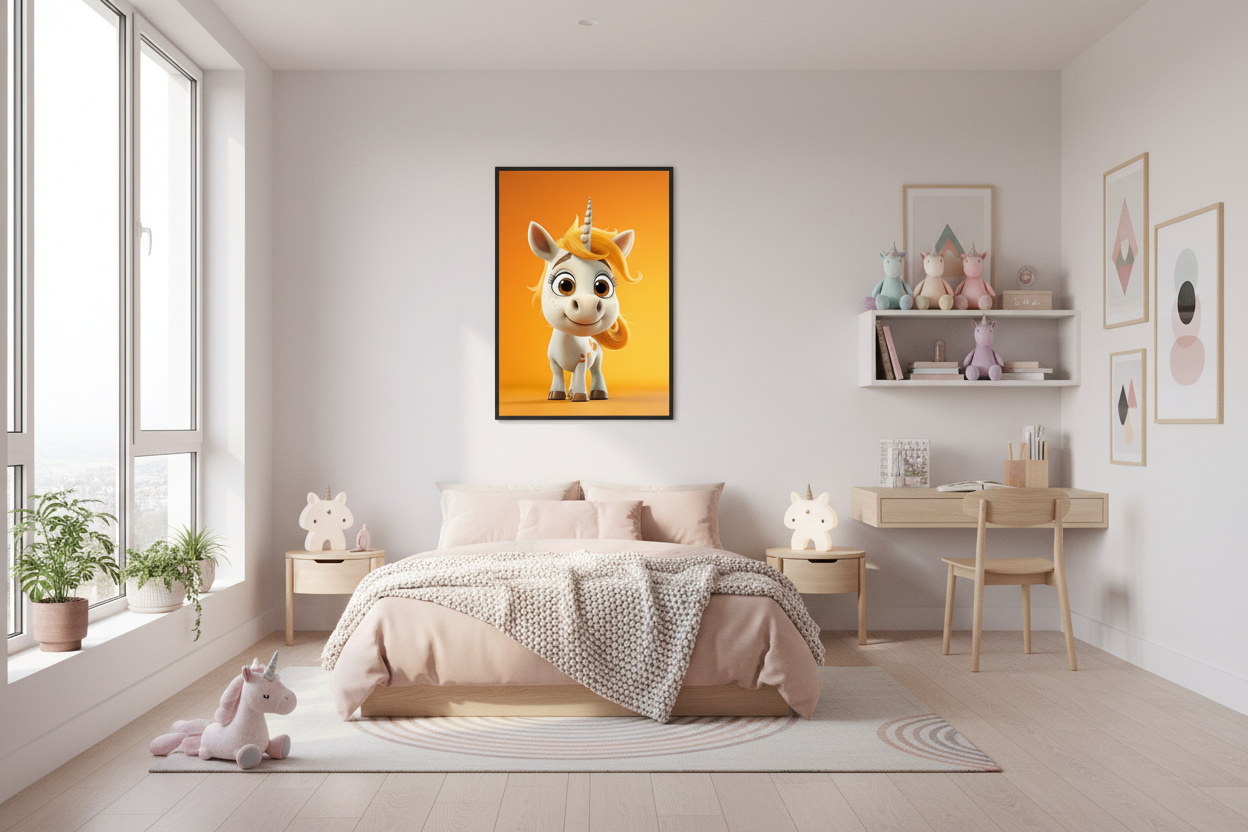Moderne skandinavisk børneværelse med enhjørning plakat