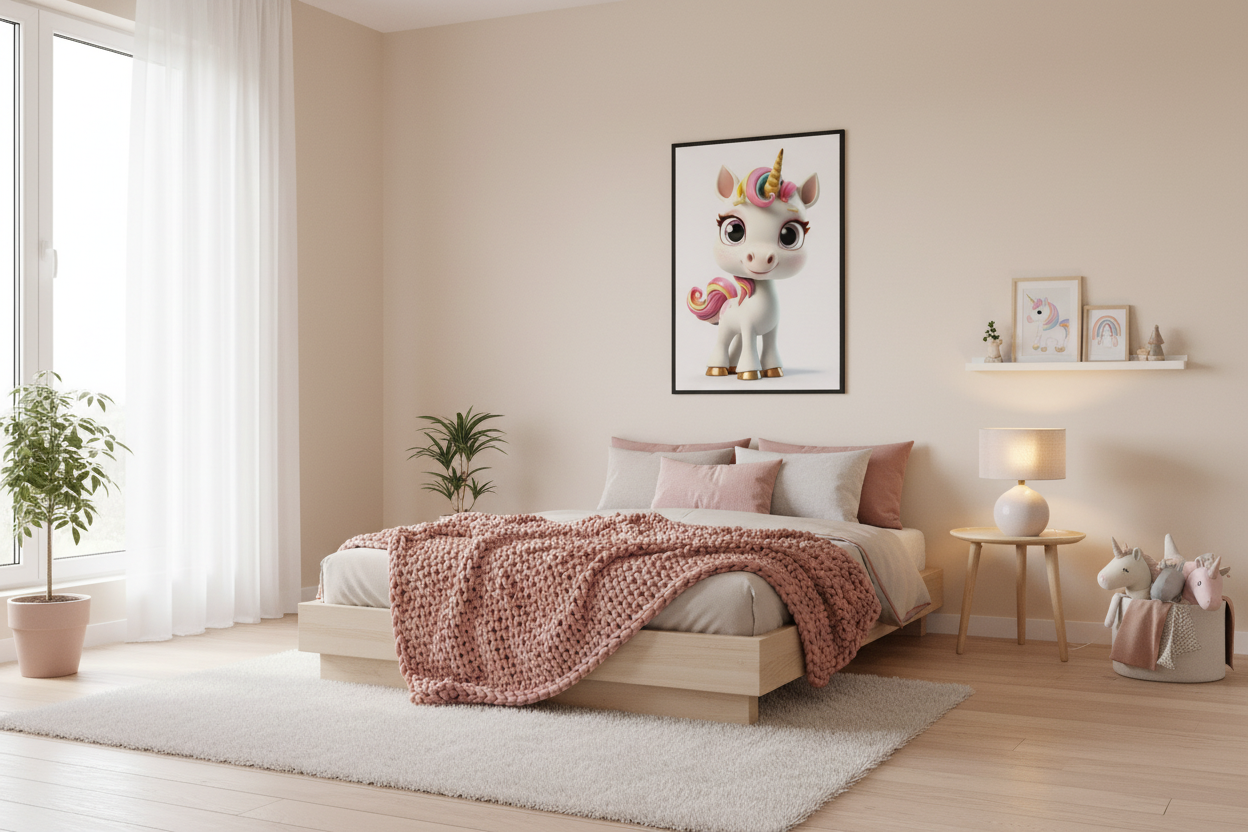 Moderne skandinavisk børneværelse med enhjørning plakat
