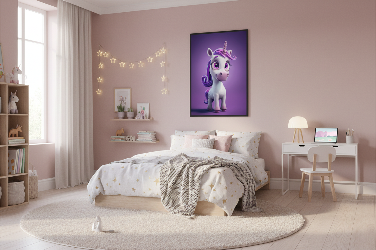 Moderne skandinavisk børneværelse med enhjørning plakat