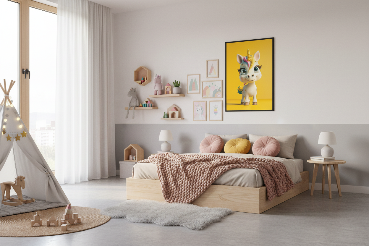 Moderne skandinavisk børneværelse med enhjørning plakat