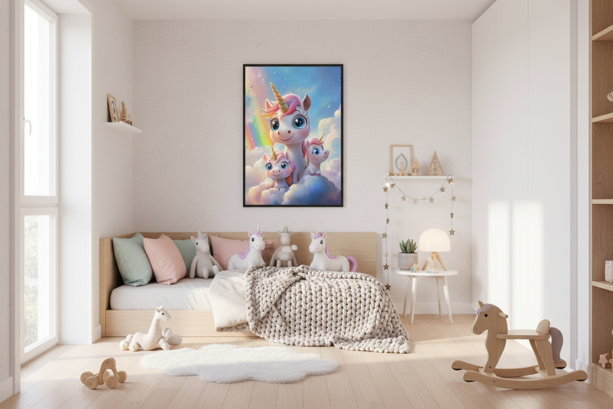 Moderne skandinavisk børneværelse med enhjørning plakat