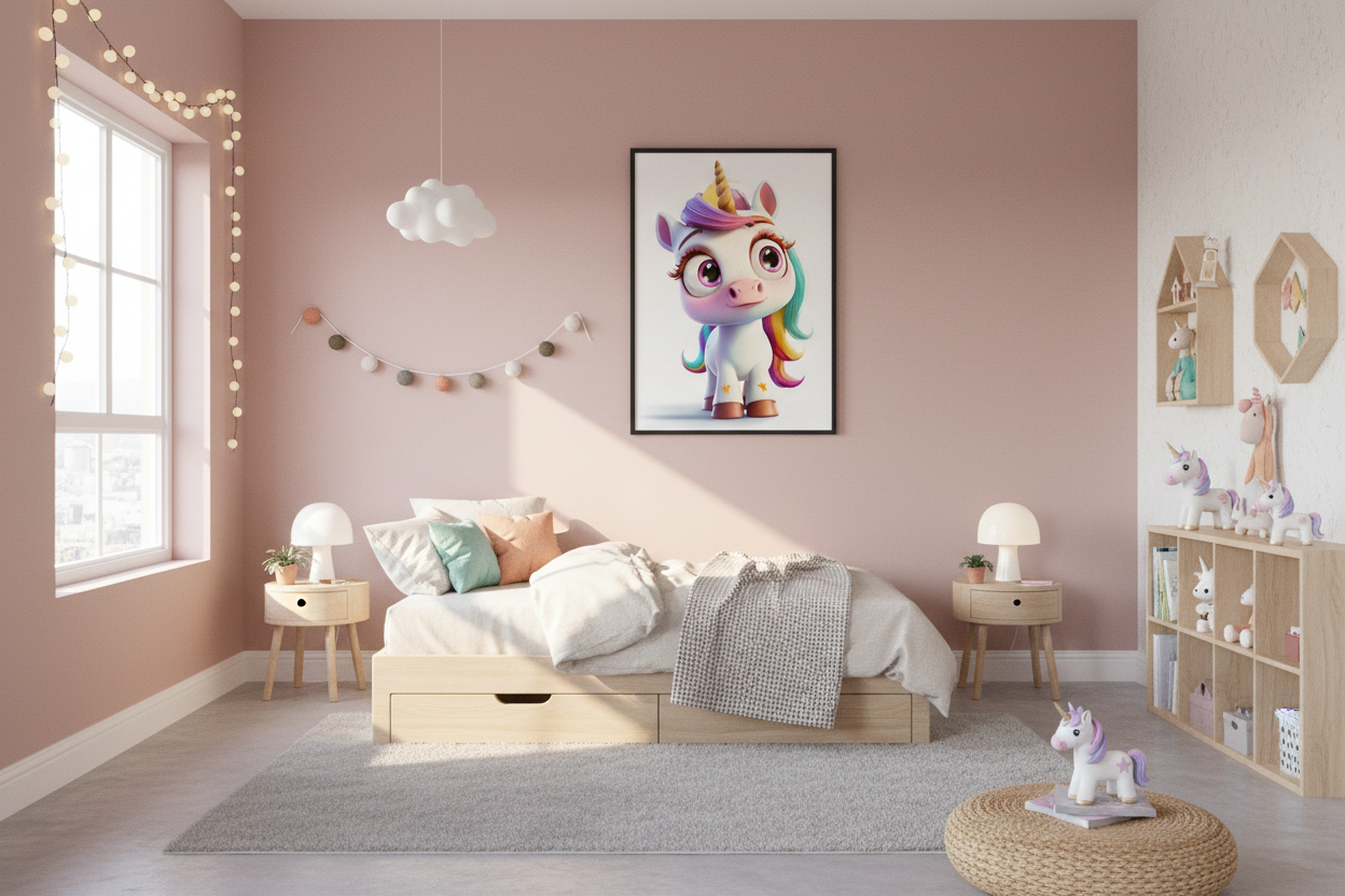 Moderne skandinavisk børneværelse med enhjørning plakat