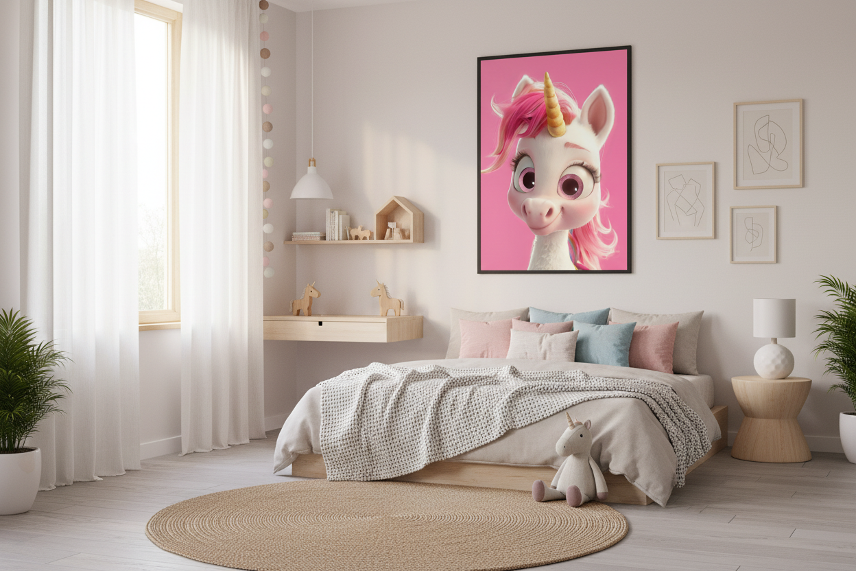 Moderne skandinavisk børneværelse med enhjørning plakat