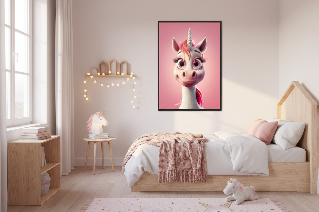 Moderne skandinavisk børneværelse med enhjørning plakat
