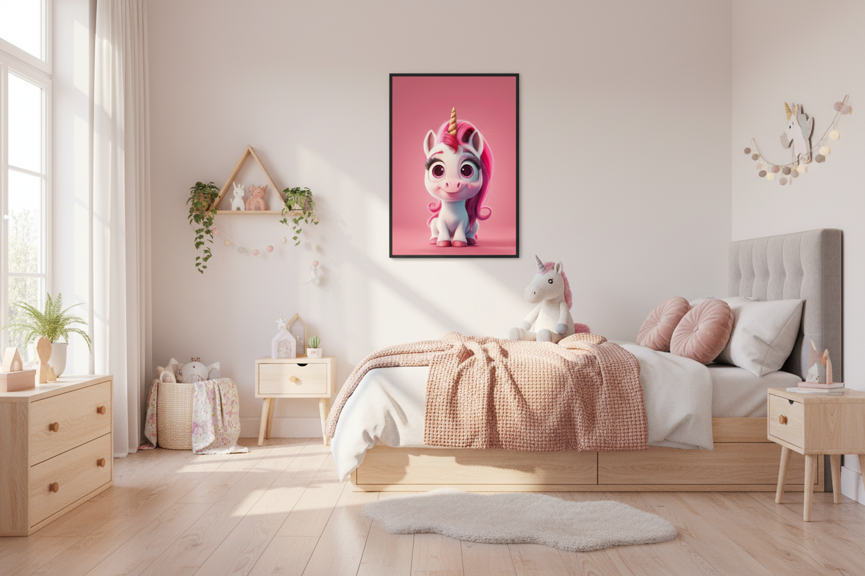 Moderne skandinavisk børneværelse med enhjørning plakat