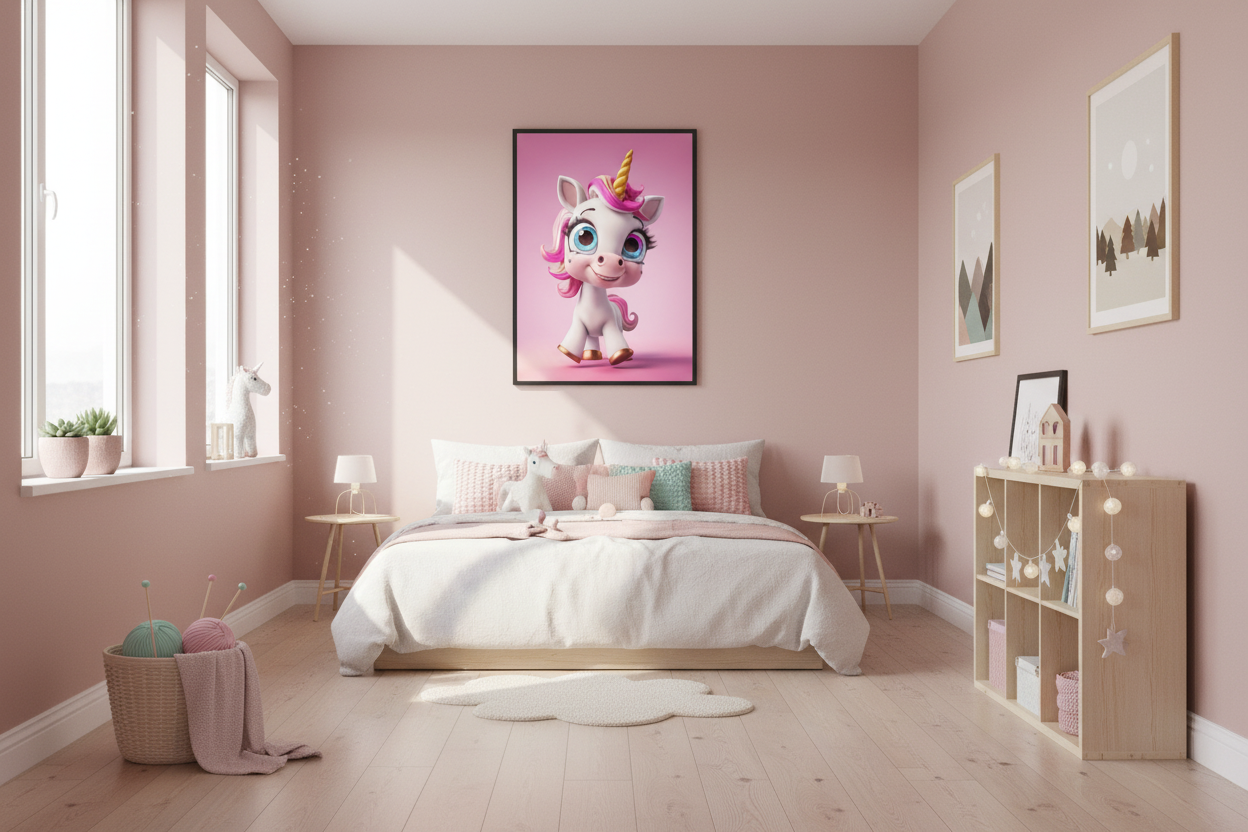 Moderne skandinavisk børneværelse med enhjørning plakat