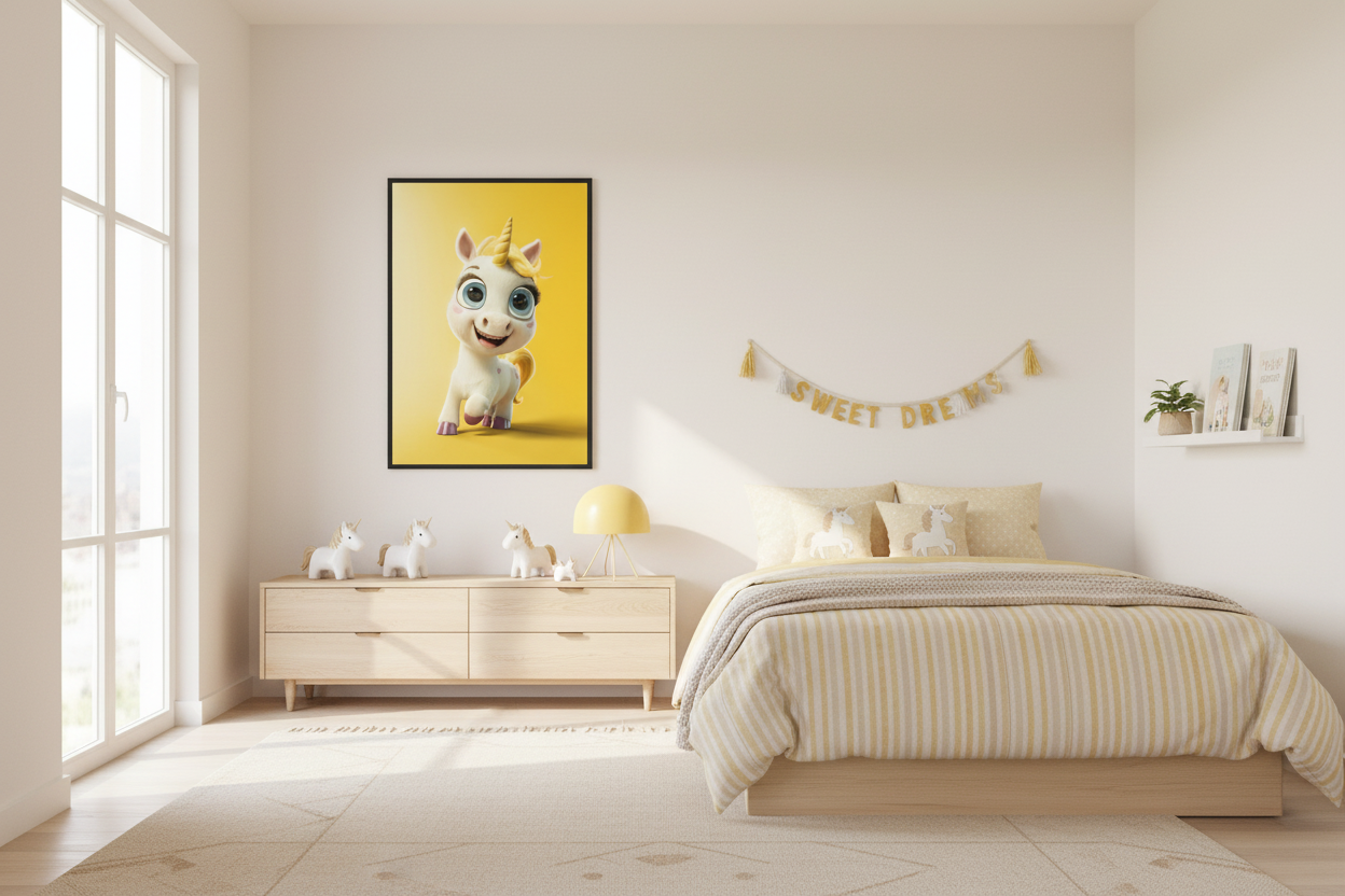 Moderne skandinavisk børneværelse med enhjørning plakat