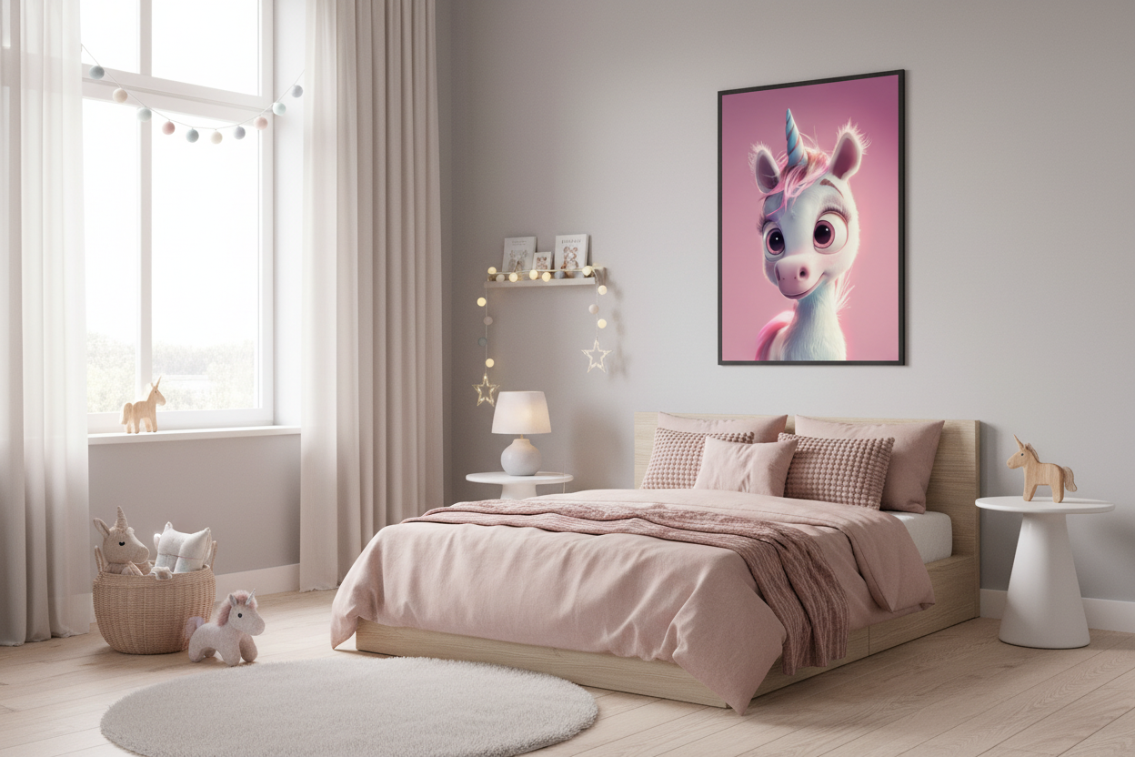 Moderne skandinavisk børneværelse med enhjørning plakat