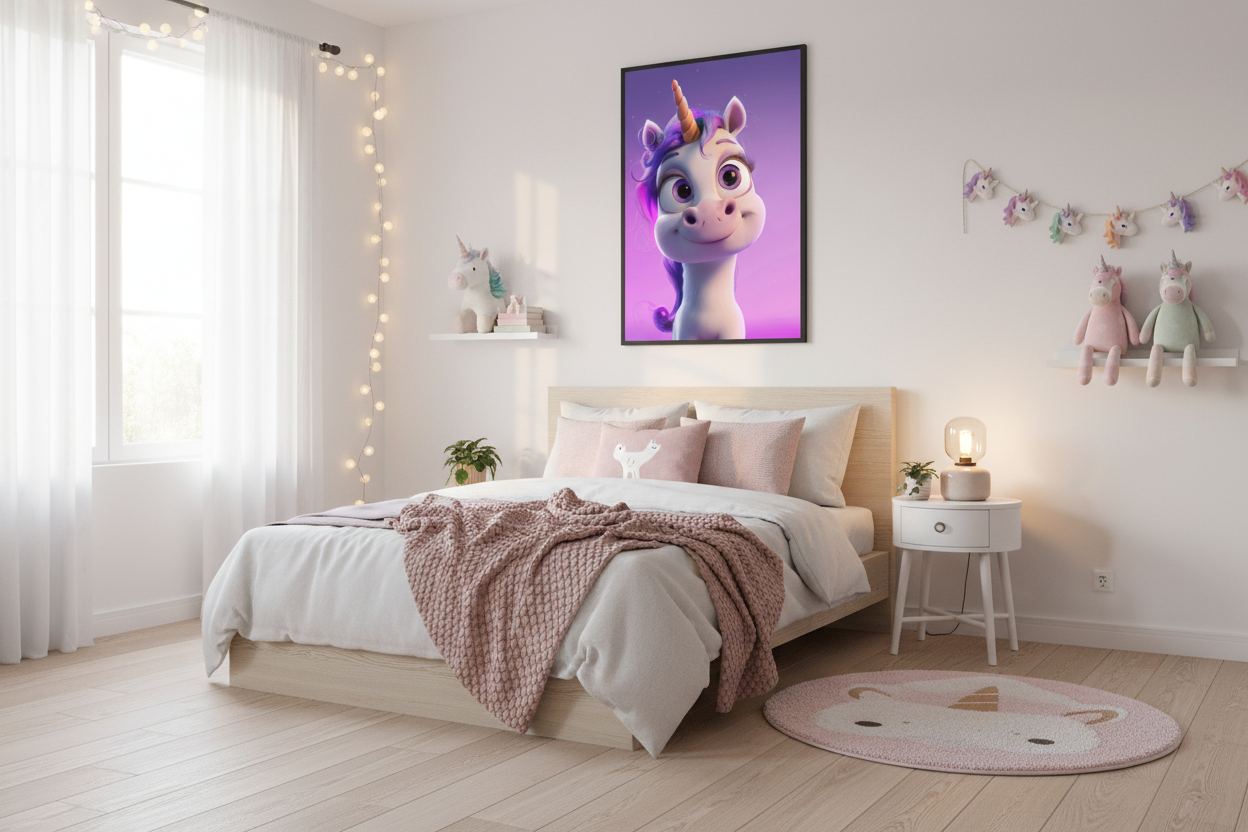 Moderne skandinavisk børneværelse med enhjørning plakat