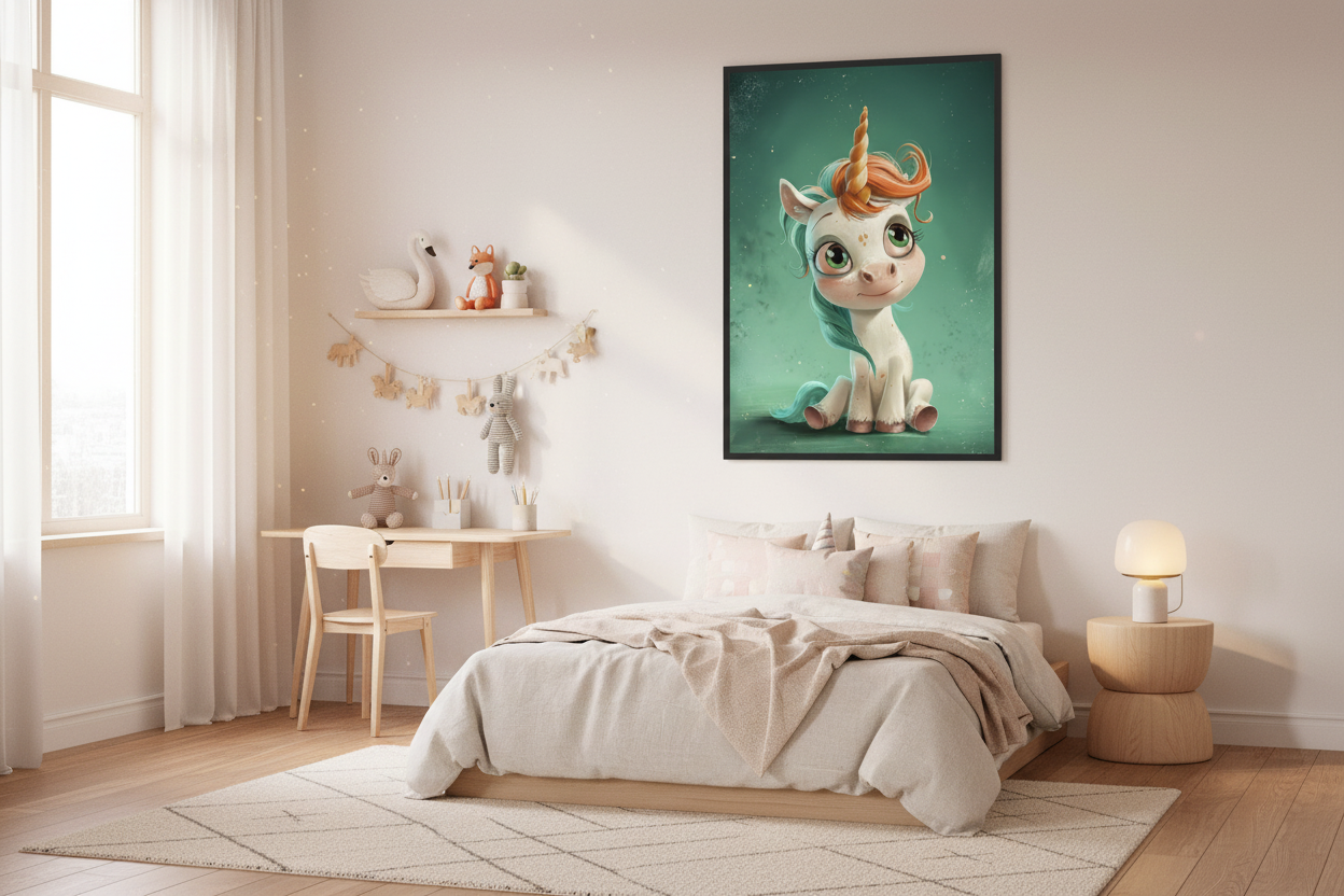 Moderne skandinavisk børneværelse med enhjørning plakat