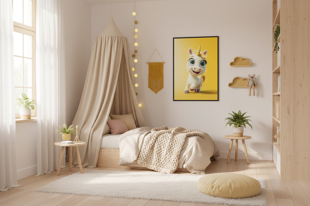 Nordisk pige børneværelse med enhjørning plakat