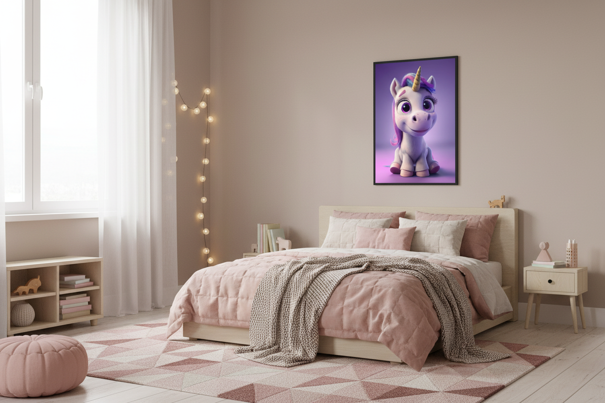 Nordisk pige børneværelse med enhjørning plakat