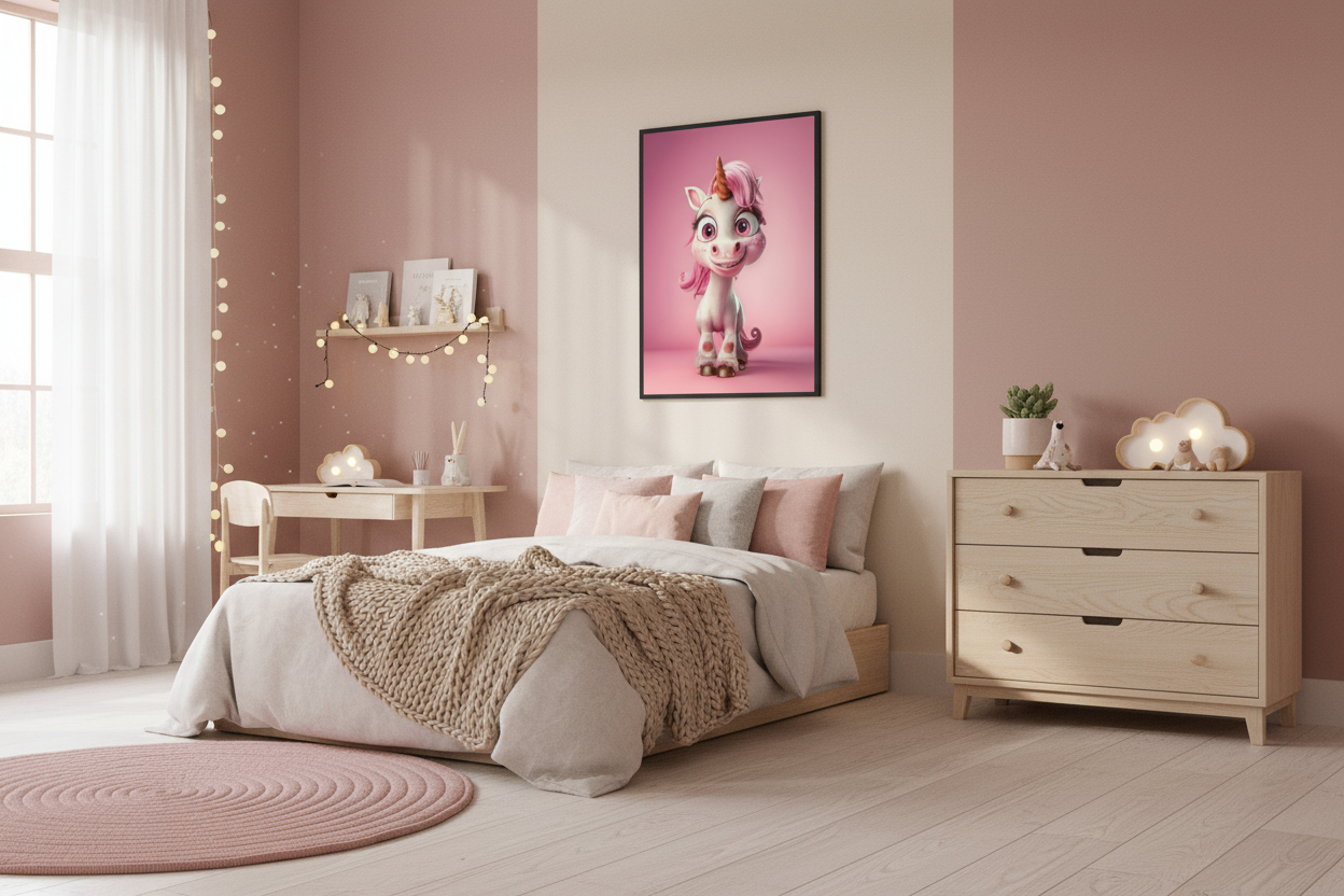 Nordisk pige børneværelse med enhjørning plakat