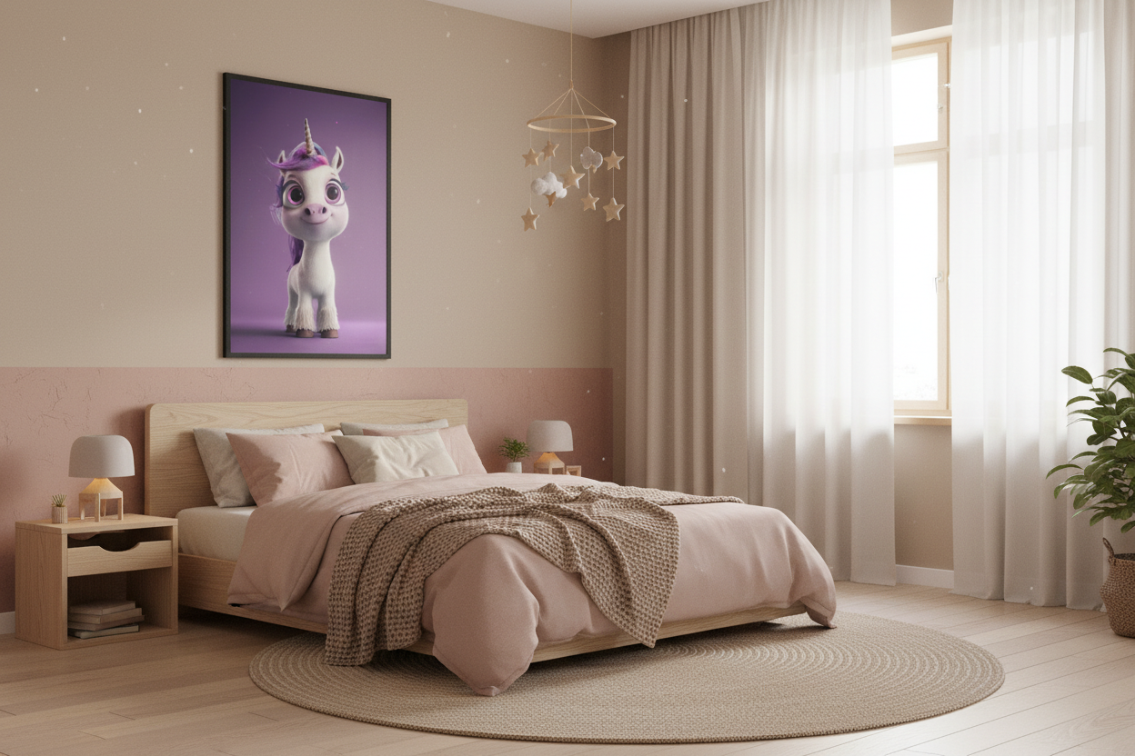 Nordisk pige børneværelse med enhjørning plakat