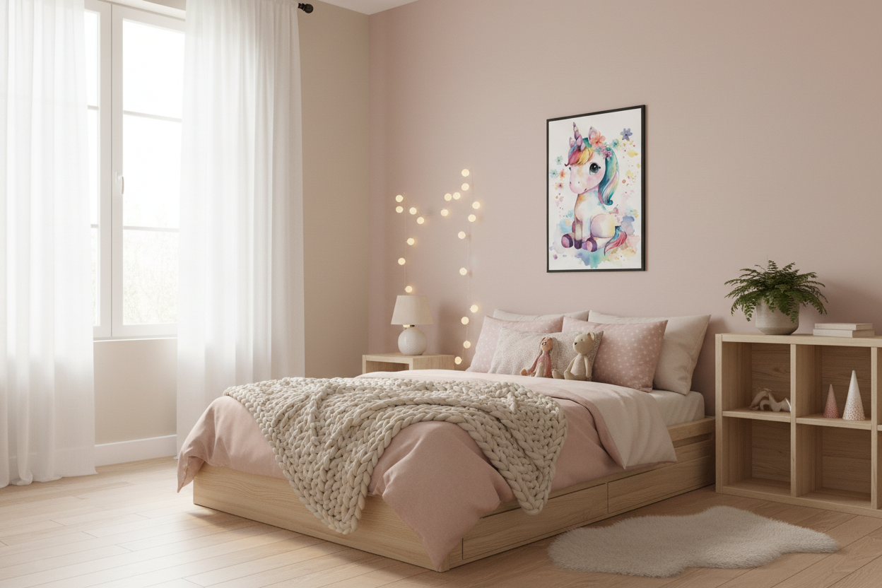 Nordisk pige børneværelse med enhjørning plakat