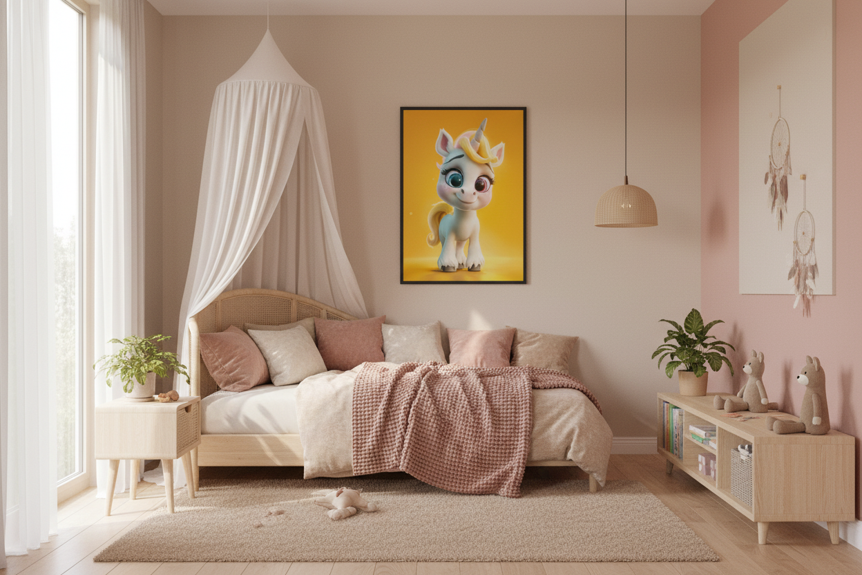 Nordisk pige børneværelse med enhjørning plakat