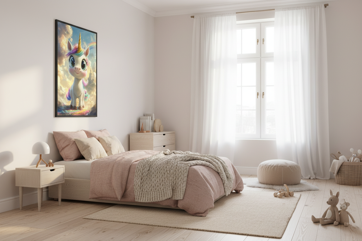 Nordisk pige børneværelse med enhjørning plakat