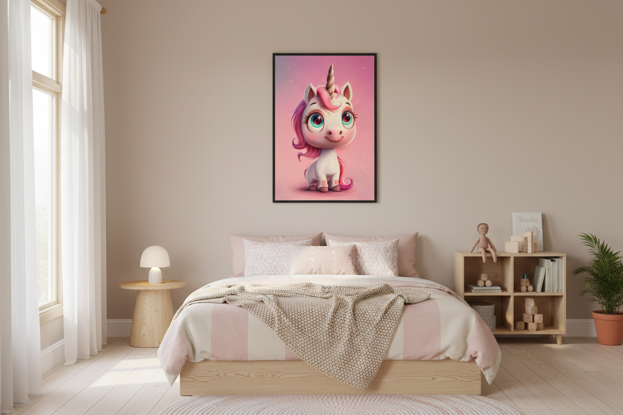 Nordisk pige børneværelse med enhjørning plakat
