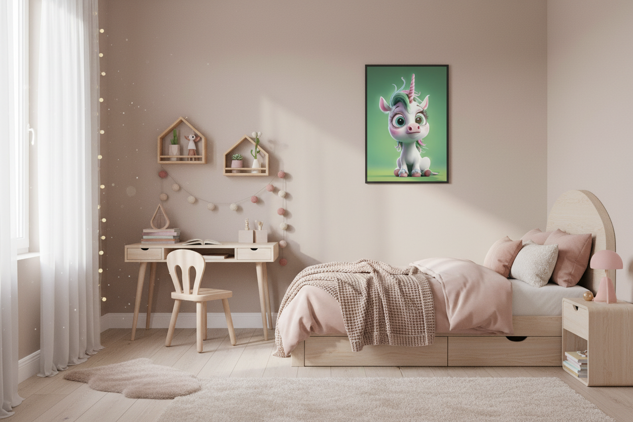 Nordisk pige børneværelse med enhjørning plakat