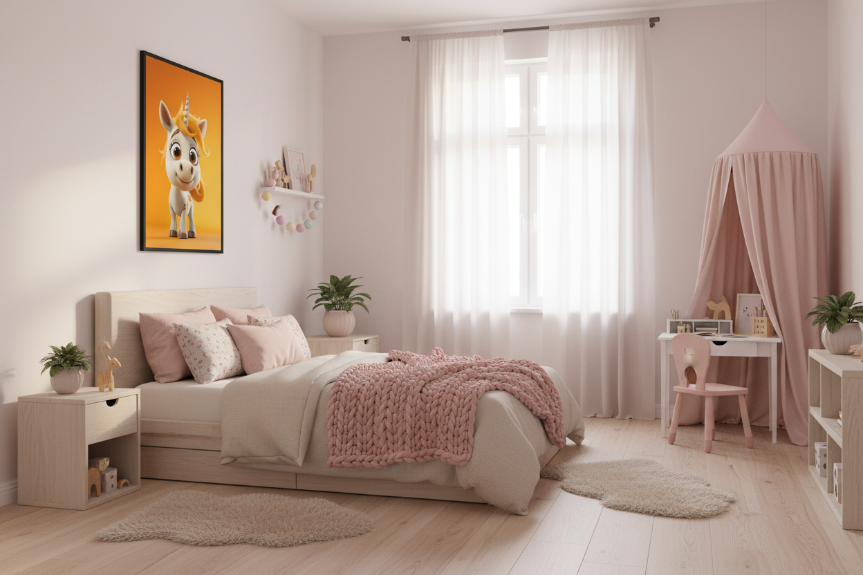 Nordisk pige børneværelse med enhjørning plakat