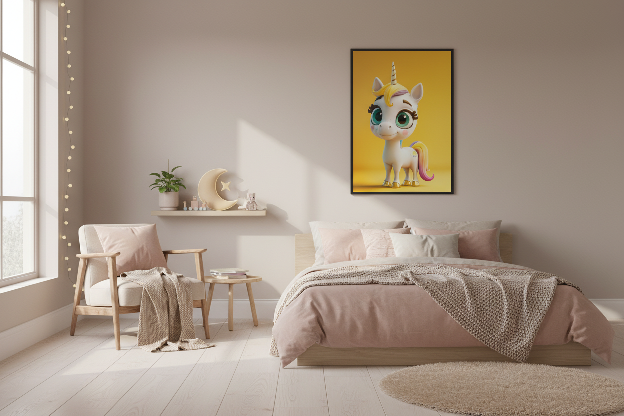 Nordisk pige børneværelse med enhjørning plakat