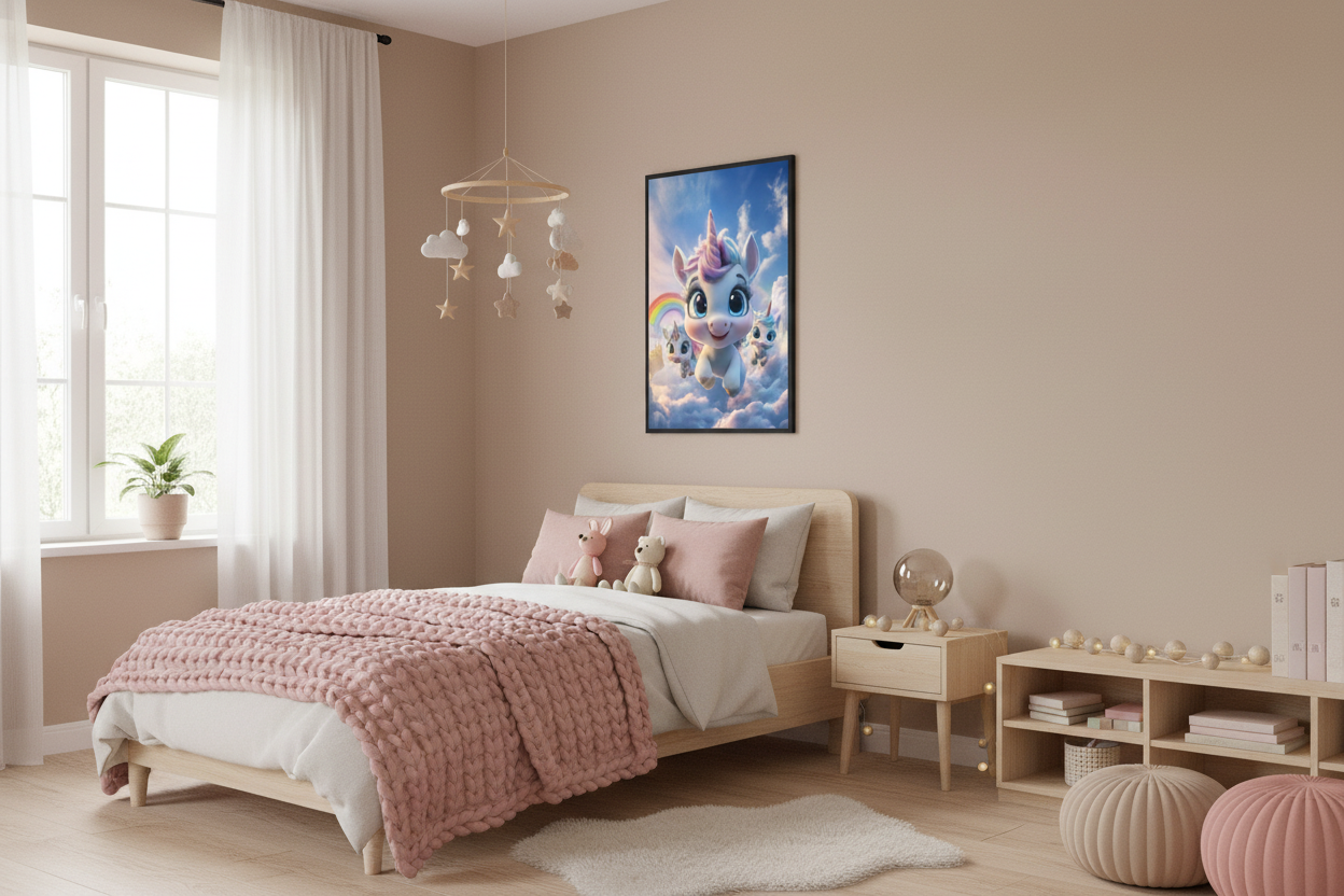 Nordisk pige børneværelse med enhjørning plakat