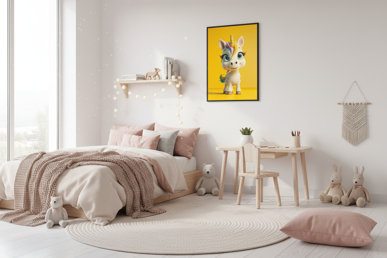 Nordisk pige børneværelse med enhjørning plakat