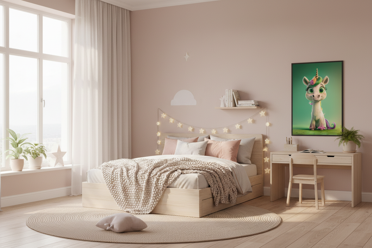 Nordisk pige børneværelse med enhjørning plakat