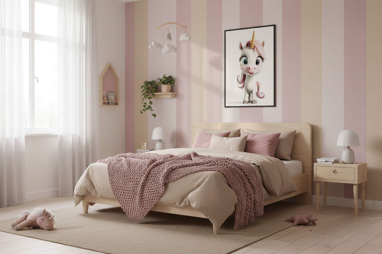 Nordisk pige børneværelse med enhjørning plakat