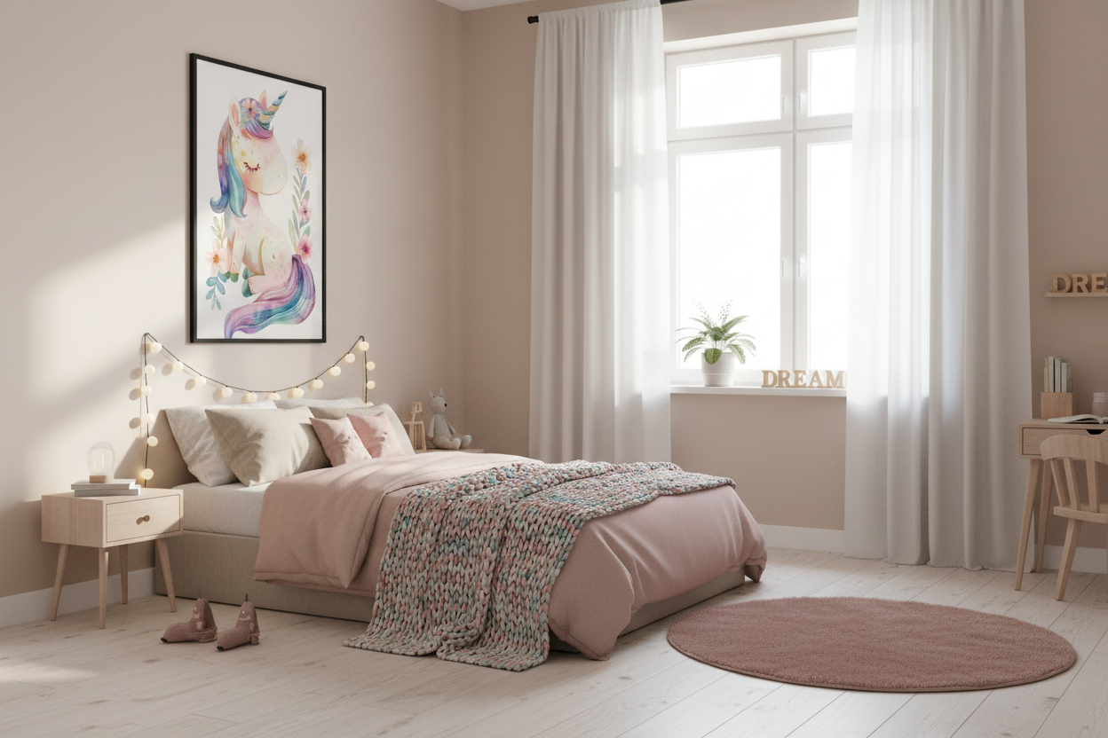 Nordisk pige børneværelse med enhjørning plakat