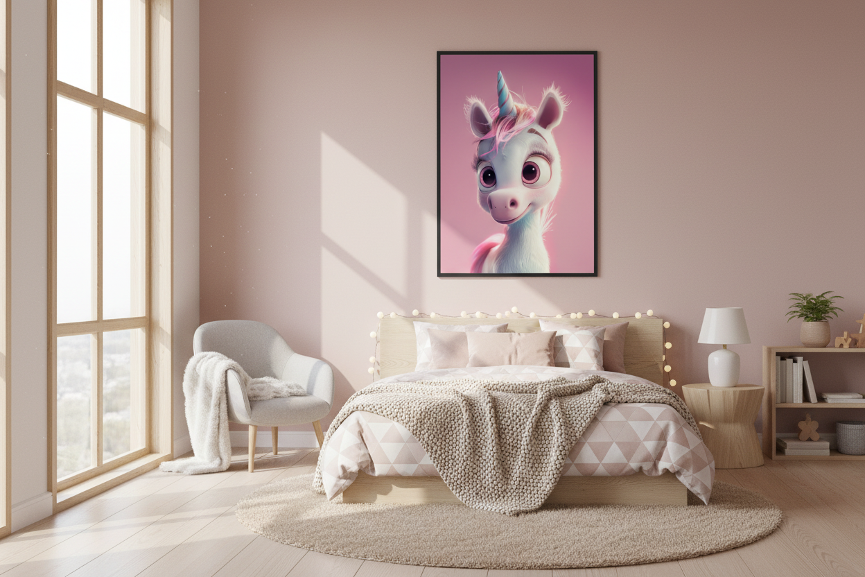 Nordisk pige børneværelse med enhjørning plakat