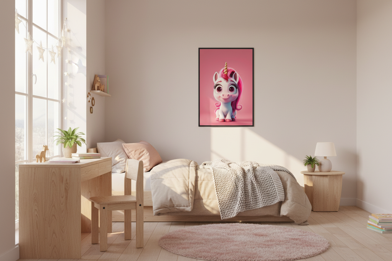 Nordisk pige børneværelse med enhjørning plakat