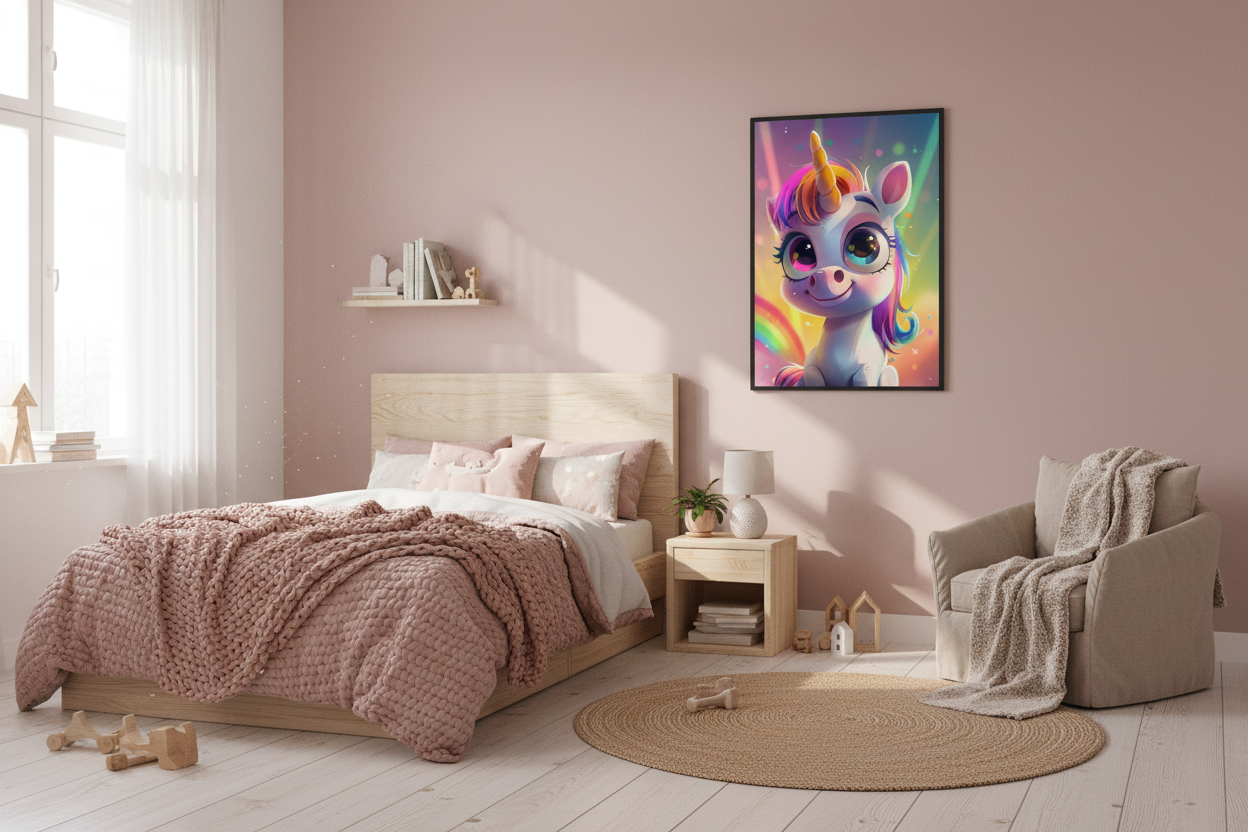 Nordisk pige børneværelse med enhjørning plakat