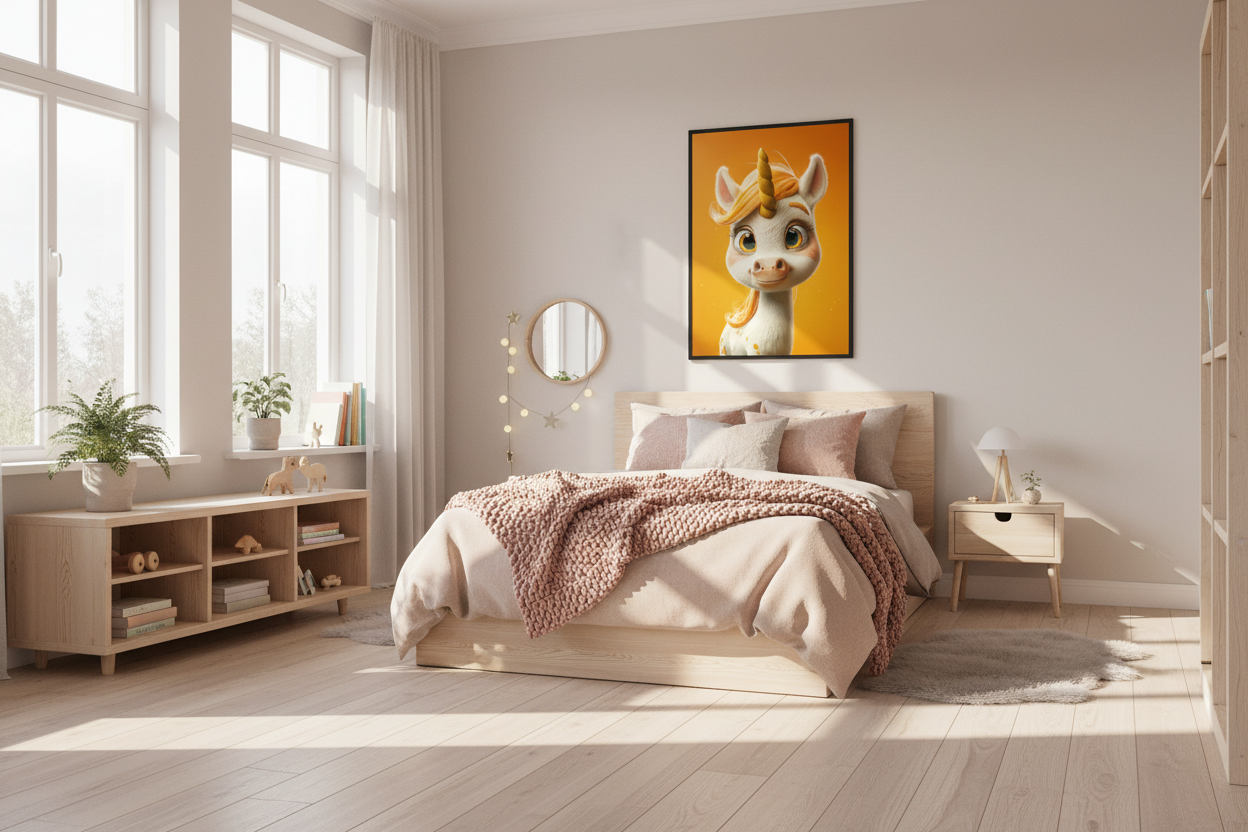 Nordisk pige børneværelse med enhjørning plakat