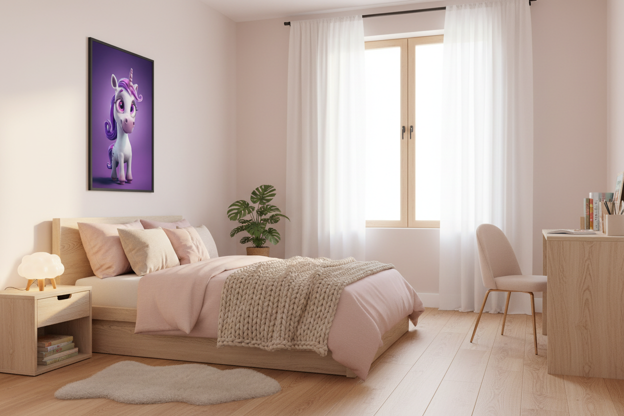 Nordisk pige børneværelse med enhjørning plakat