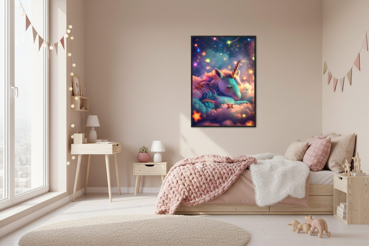 Nordisk pige børneværelse med enhjørning plakat