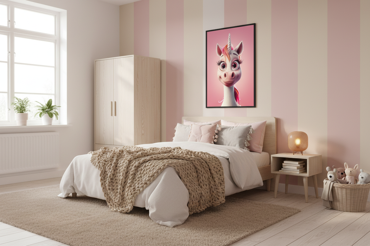 Nordisk pige børneværelse med enhjørning plakat