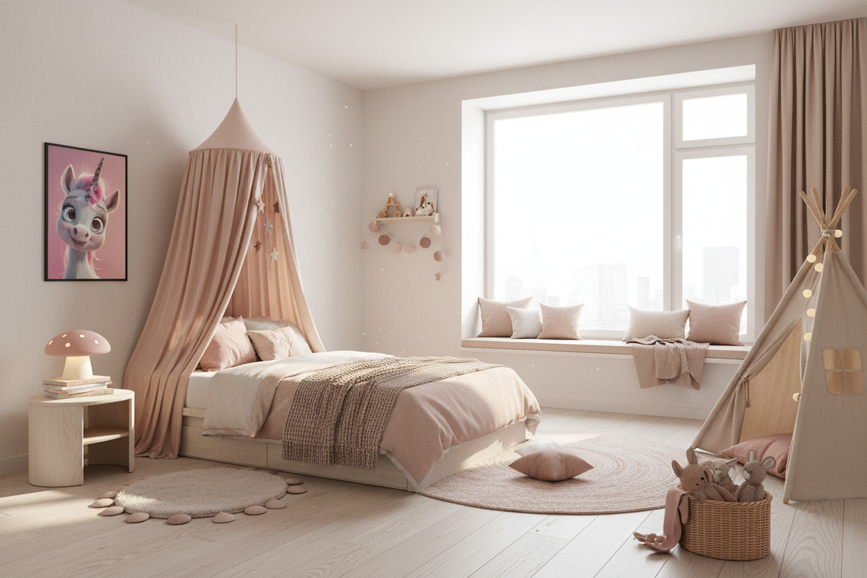 Nordisk pige børneværelse med enhjørning plakat