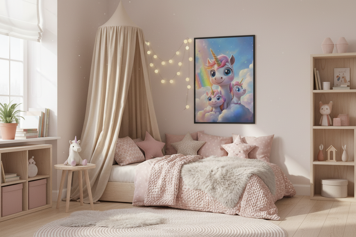 Nordisk pige børneværelse med enhjørning plakat