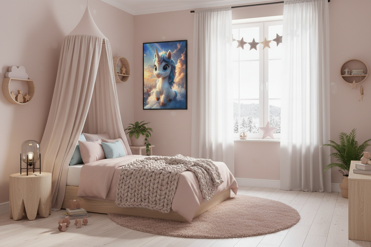 Nordisk pige børneværelse med enhjørning plakat