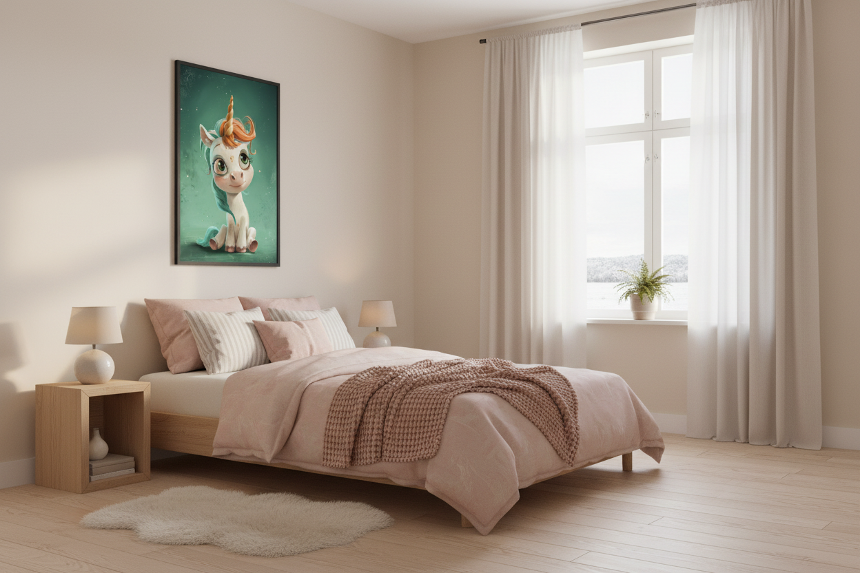 Nordisk pige børneværelse med enhjørning plakat