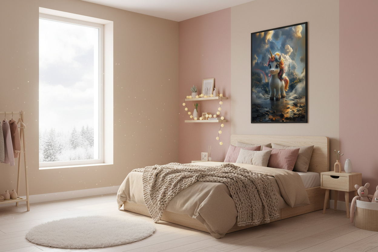 Nordisk pige børneværelse med enhjørning plakat