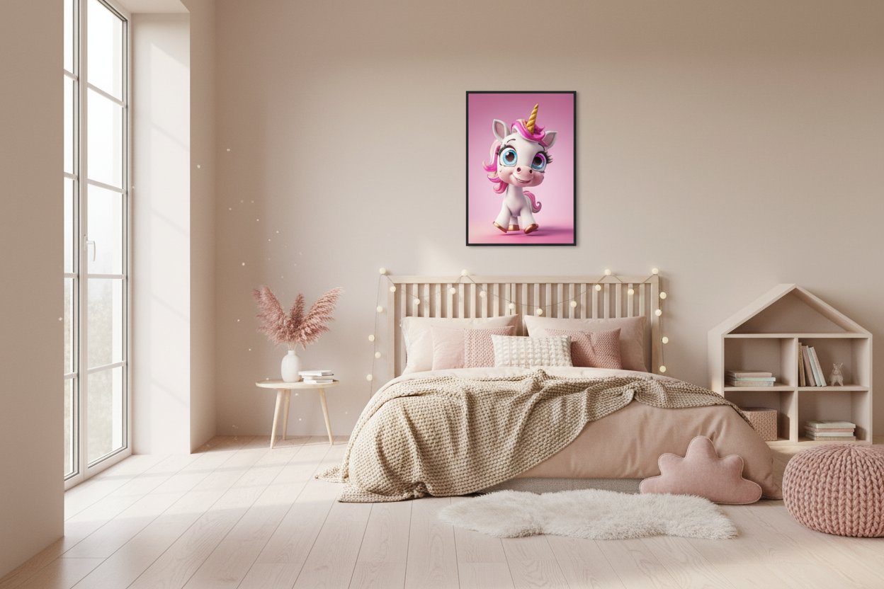 Nordisk pige børneværelse med enhjørning plakat