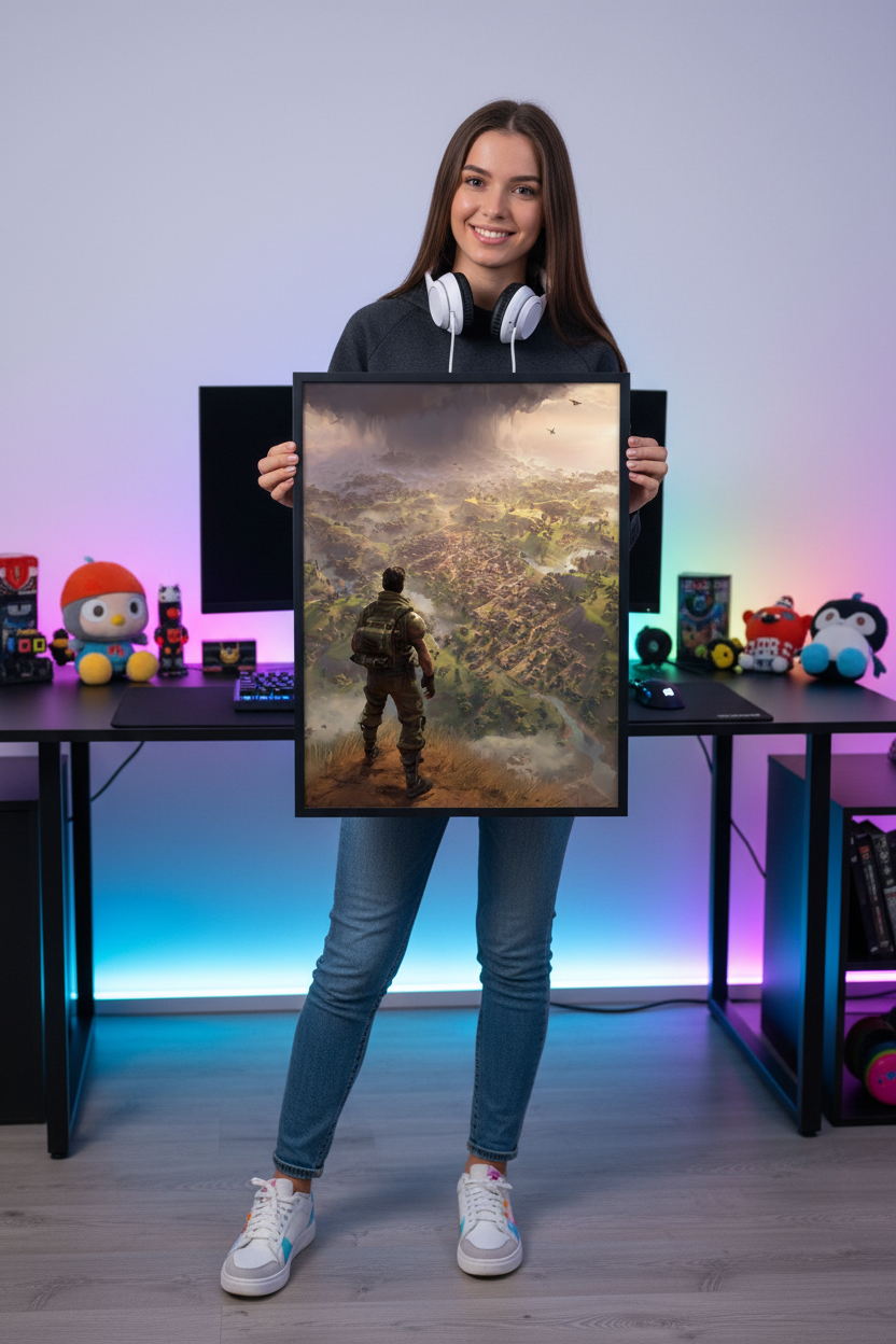 Pige gamer holder gaming plakat højkant