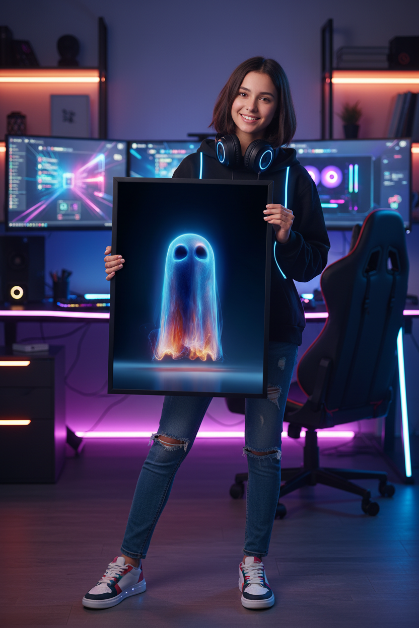 Pige gamer holder gaming plakat højkant