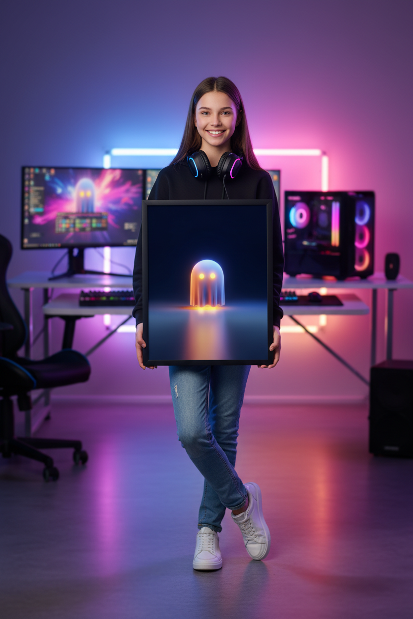 Pige gamer holder gaming plakat højkant