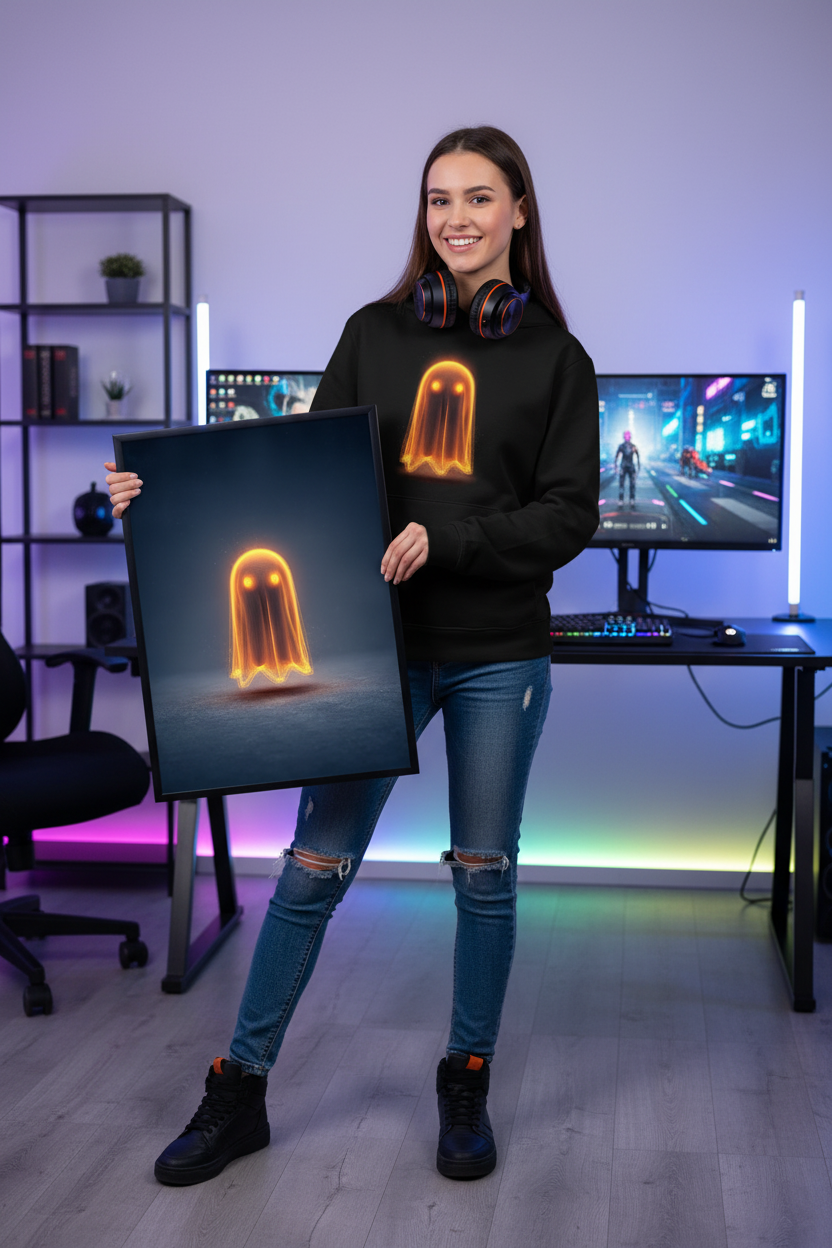 Pige gamer holder gaming plakat højkant