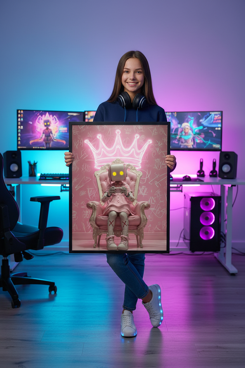 Pige gamer holder gaming plakat højkant