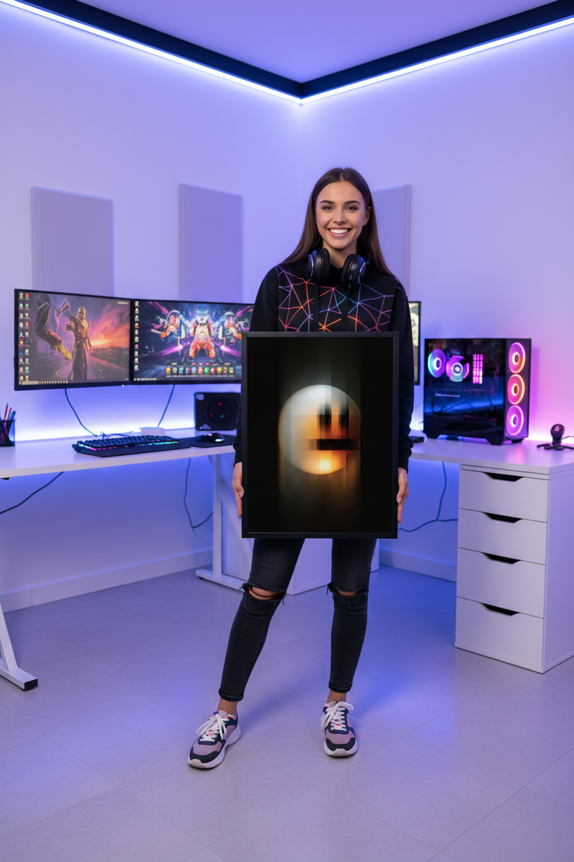 Pige gamer holder gaming plakat højkant