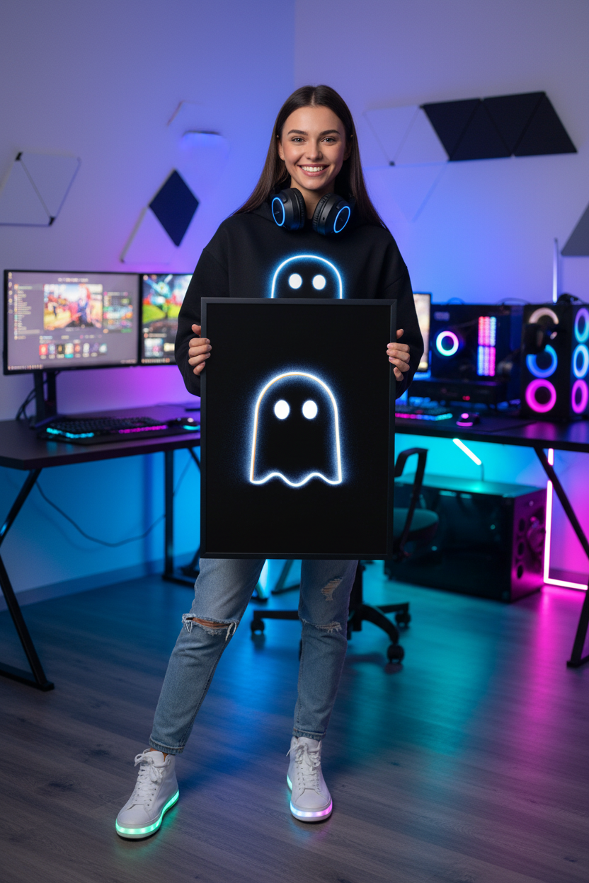 Pige gamer holder gaming plakat højkant